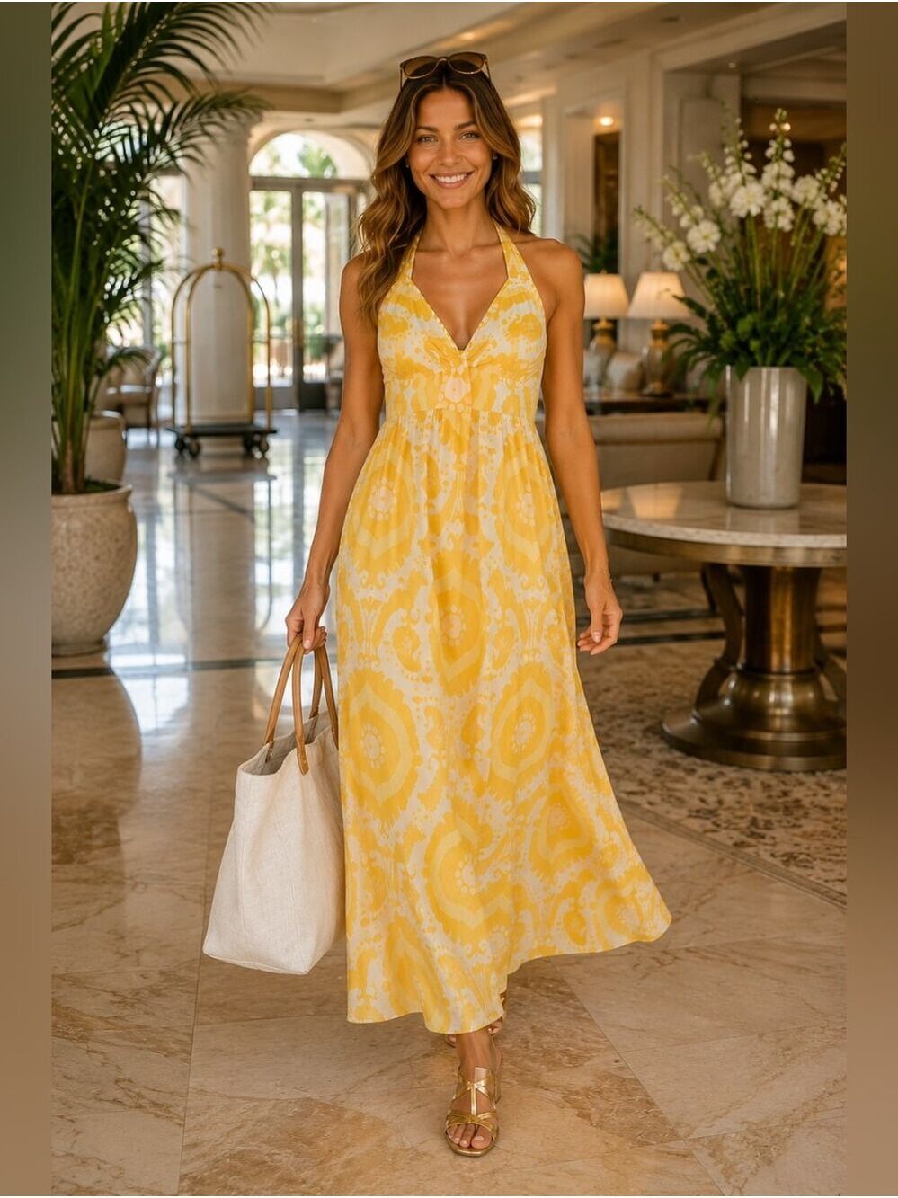 J.Crew Euro Summer Mediterranean Boho Resort Ikat Halter Maxi Dress